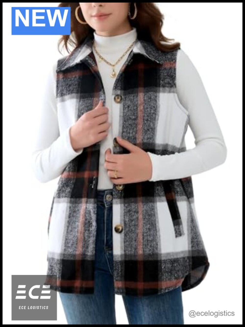 Womens Sleeveless Button Down Plaid Vest with Pockets - Flannel Shirt Jacket